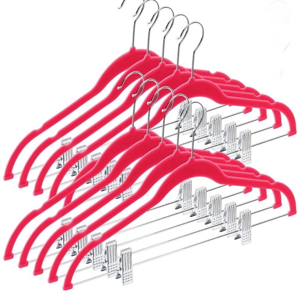 10 Pk Clothes Hangers w/Clips Ultra Thin Non Slip Velvet Non-Slip Hot Pink New